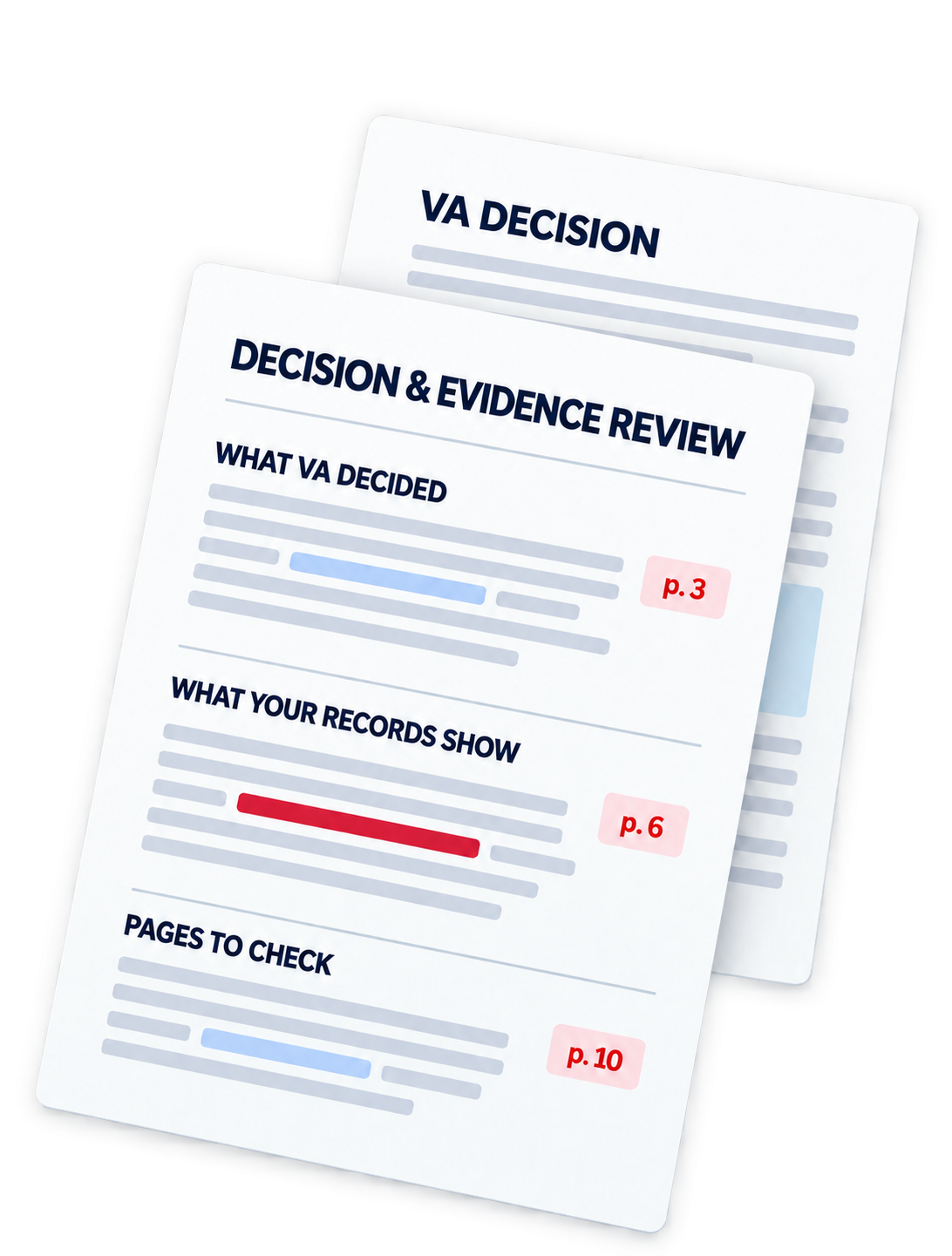 Illustration of VA decision and evidence review documents with findings and page references