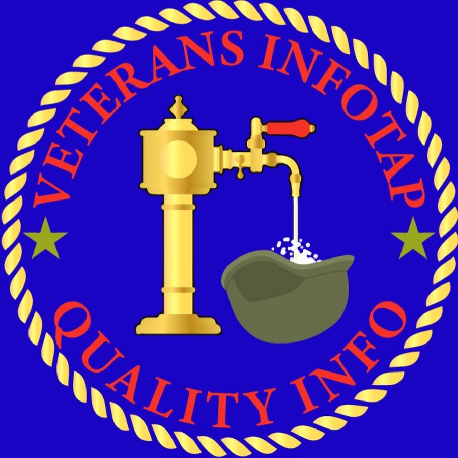 Veterans InfoTap channel logo: a gold tap pouring water into a military helmet on a blue background.